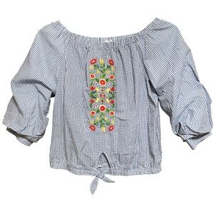 Mavi Blue Gingham Top with Floral Embroidery S